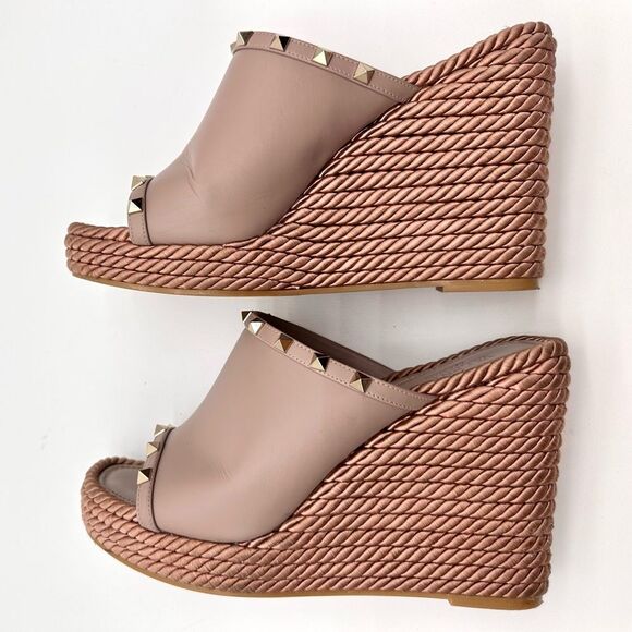 Valentino Garavani Torchon Rockstud Wedge Espadrille Sandals Nude Leather EU 41 - Picture 6 of 15